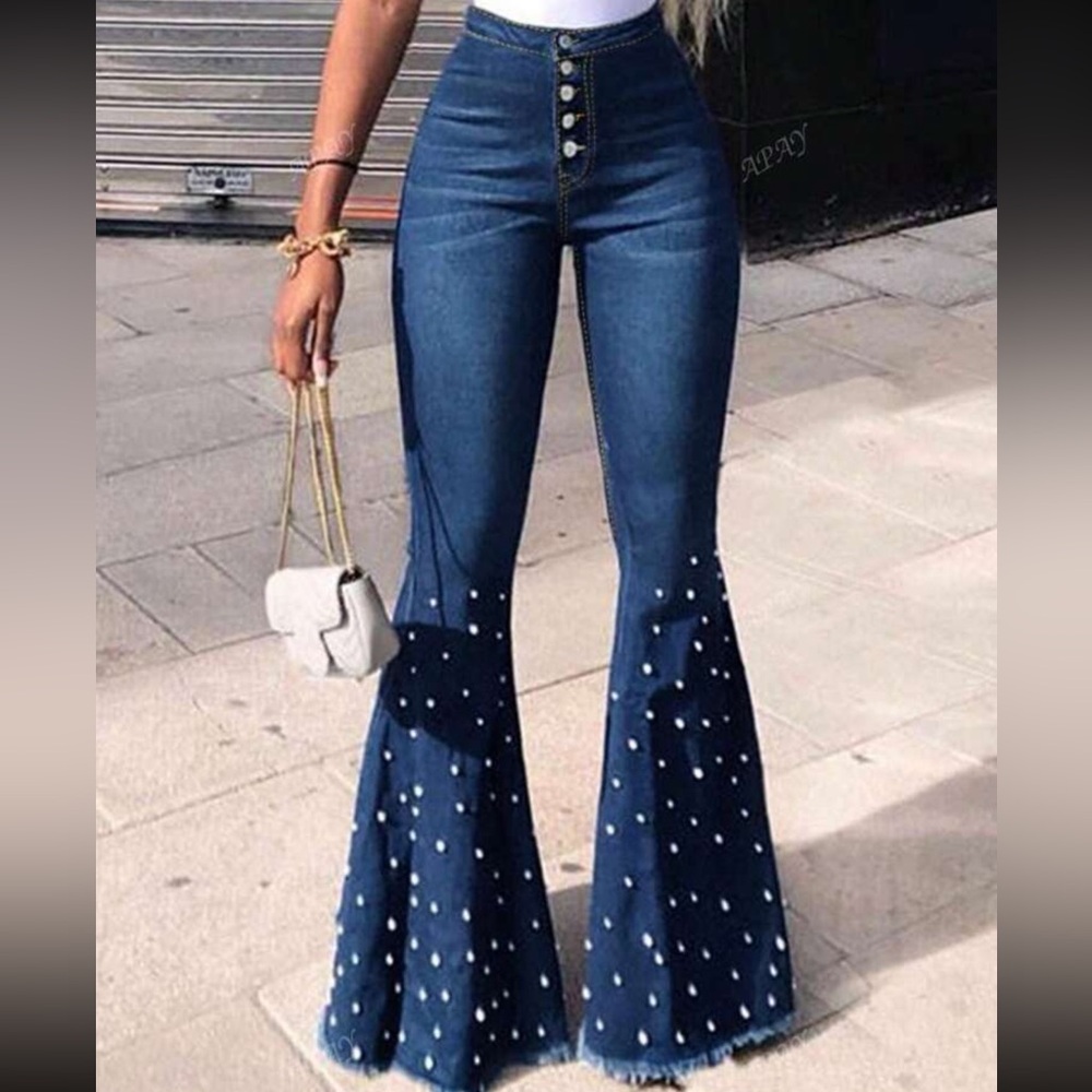 Women's Faux Pearl Button Fly Denim Flare Pants, Casual